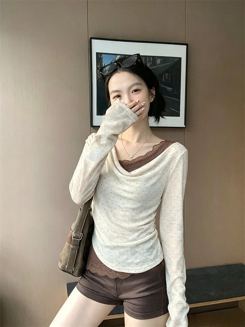 실사 디자인 센스 초강력 가을 새로운 레이스 조각 페이크 레이어드 티셔츠 긴팔 종이 사람들 맨위 여성 상세 이미지 14