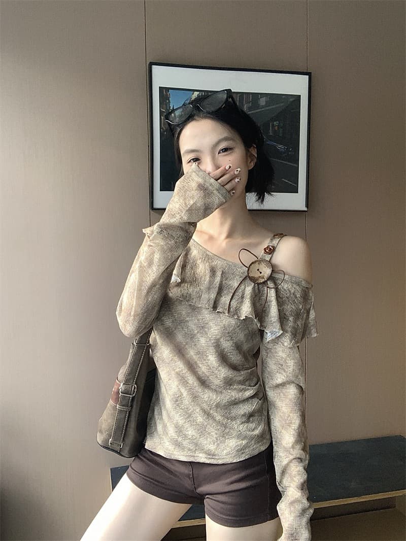 실사 한 부서 이른 가을 새로운 오프숄더 체크무늬 긴팔 티셔츠 여성 상세 이미지 5