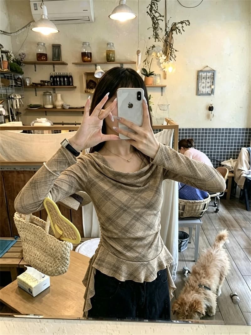 실사 디자인 센스 초강력 이른 가을 새로운 흔들다 칼라 체크무늬 긴팔 티셔츠 여성 밑단 불규칙 레트로 맨위 상세 이미지 8