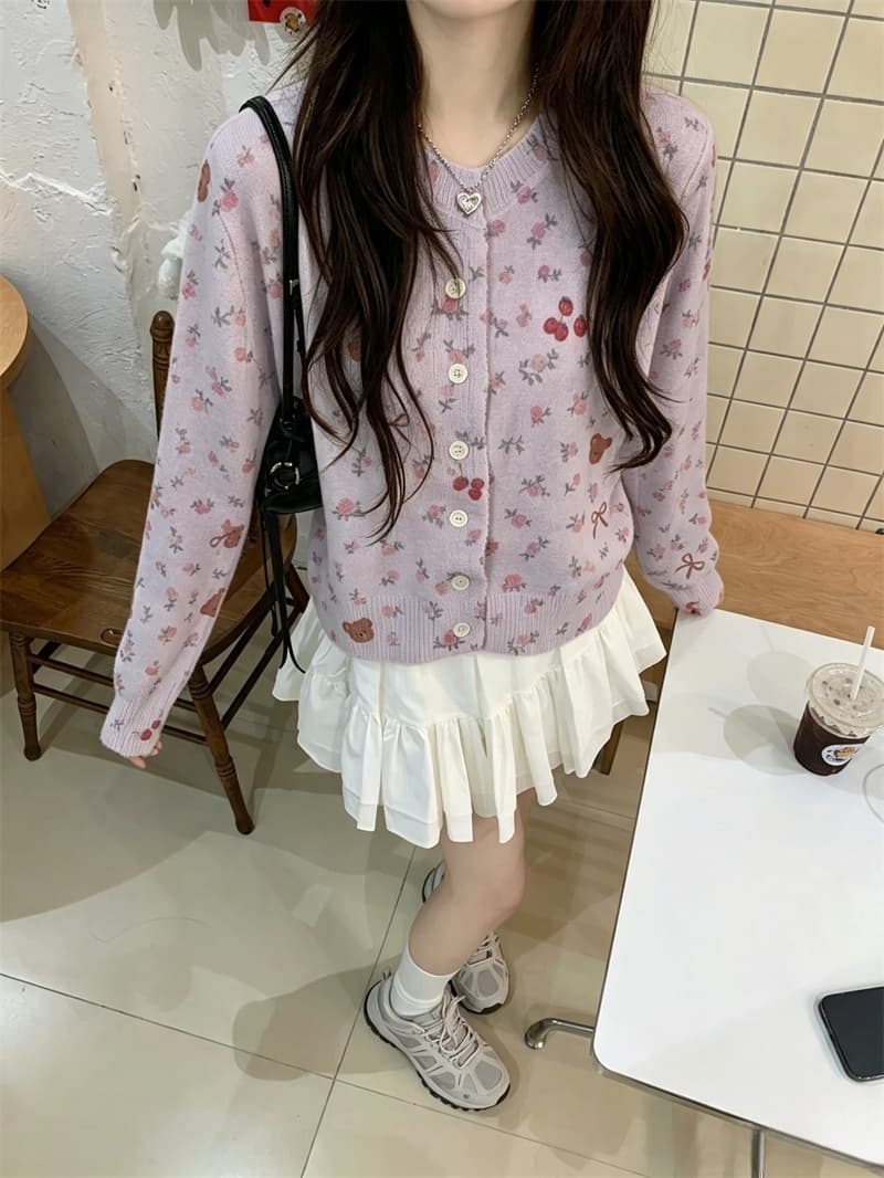 실사 이른 가을 새로운 한 부서 달콤함 귀여운 나비 매듭 작은 곰 패턴 니트 스웨터 오픈 가디건 스웨터 여성 코트 상세 이미지 15