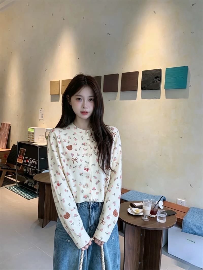 실사 이른 가을 새로운 한 부서 달콤함 귀여운 나비 매듭 작은 곰 패턴 니트 스웨터 오픈 가디건 스웨터 여성 코트 상세 이미지 3