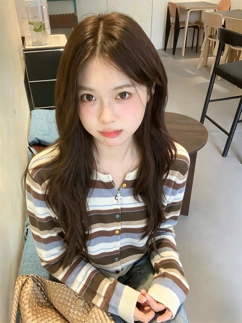 실사 이른 가을 새로운 한 부서 달콤함 귀여운 색상 스트라이프 패턴 니트 스웨터 오픈 가디건 스웨터 여성 코트 상세 이미지 3