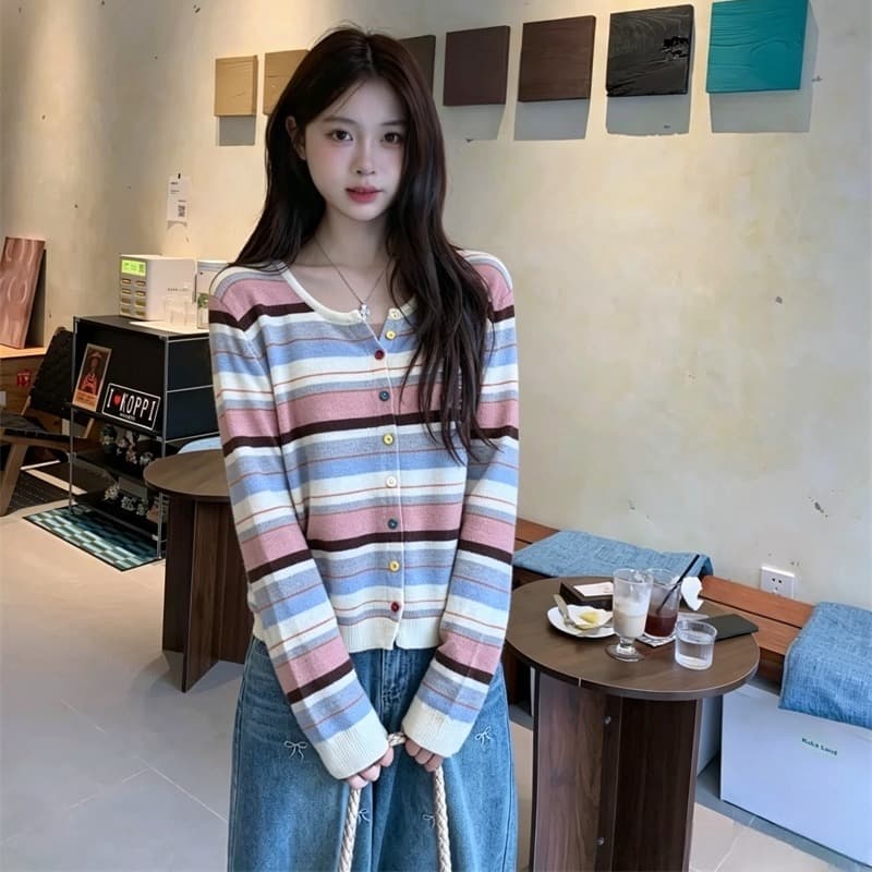 실사 이른 가을 새로운 한 부서 달콤함 귀여운 색상 스트라이프 패턴 니트 스웨터 오픈 가디건 스웨터 여성 코트 이미지 5