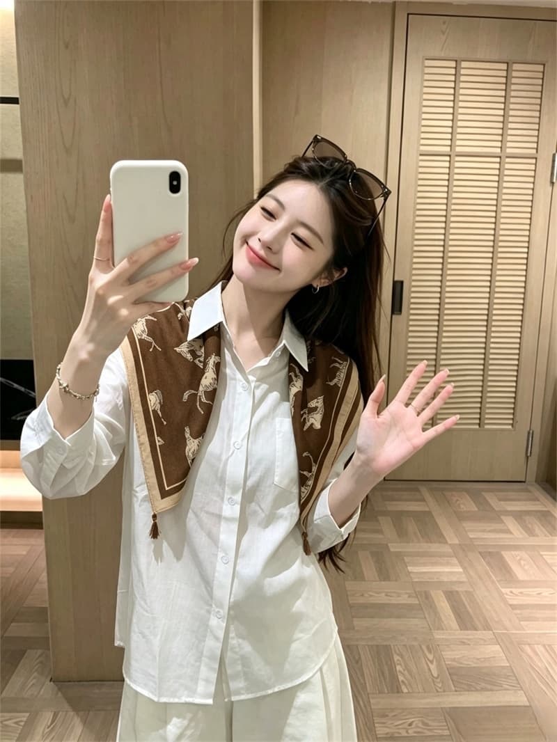 실사 이른 가을 새로운 한국 스타일 품격 루즈핏 다용도 긴팔 셔츠 숄 투피스 슈트 여성 상세 이미지 8