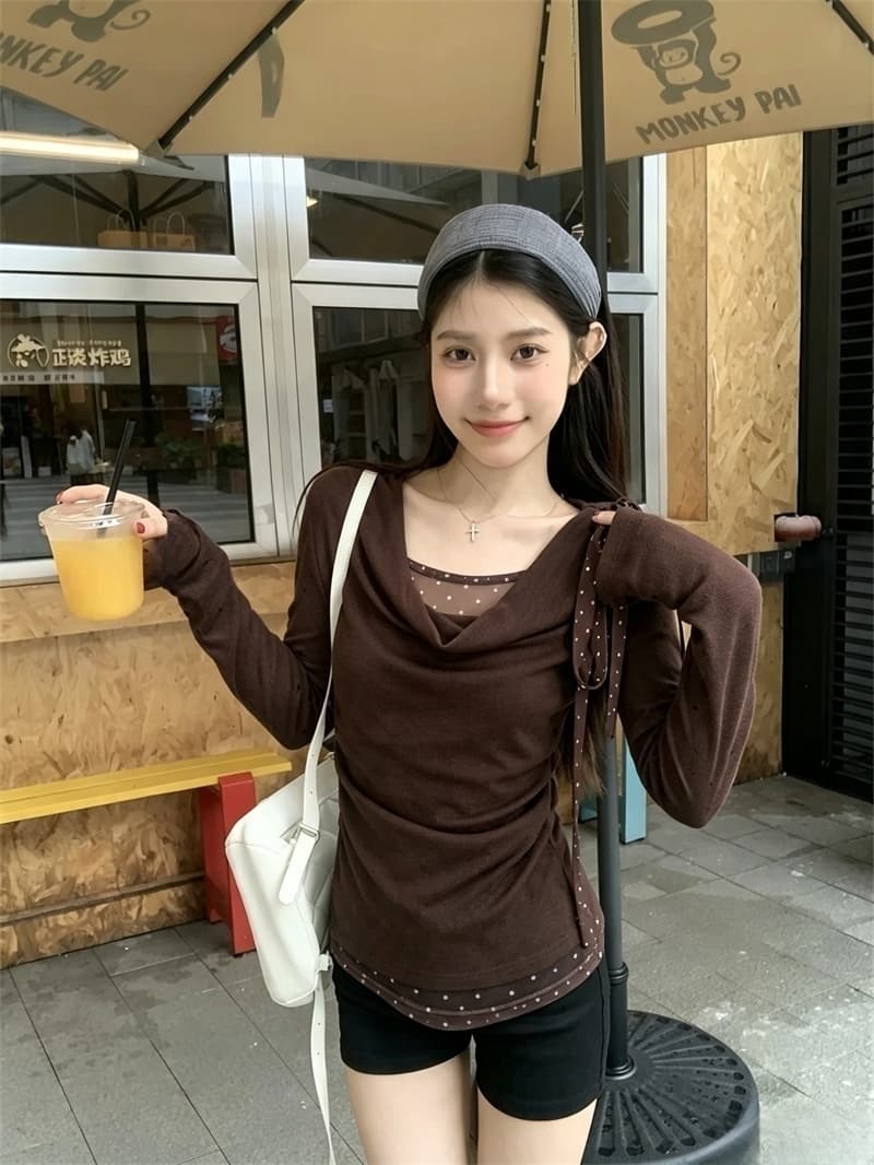 실사 디자인 센스 초강력 이른 가을 새로운 패치워크 페이크 레이어드 긴팔 티셔츠 여성 종이 사람들 맨위 상세 이미지 1