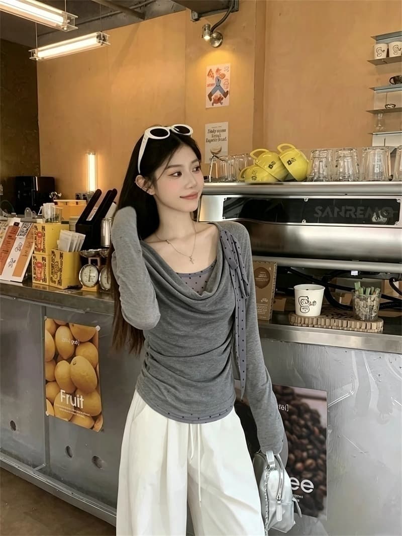 실사 디자인 센스 초강력 이른 가을 새로운 패치워크 페이크 레이어드 긴팔 티셔츠 여성 종이 사람들 맨위 상세 이미지 4