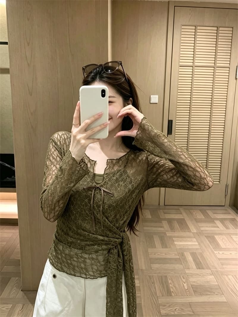 실사 이른 가을 새로운 한 부서 품격 슬림해 보이는 레이스 실 인터넷 커버 셔츠 캐미솔 투피스 슈트 여성 상세 이미지 2