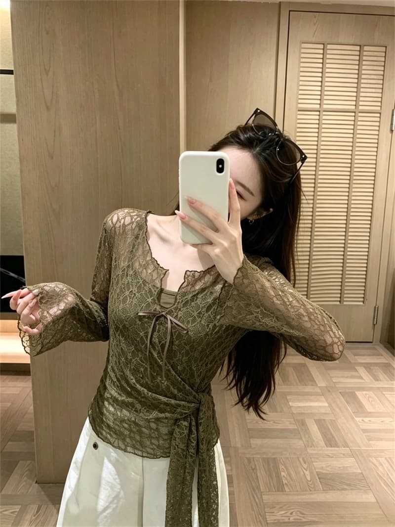 실사 이른 가을 새로운 한 부서 품격 슬림해 보이는 레이스 실 인터넷 커버 셔츠 캐미솔 투피스 슈트 여성 상세 이미지 3