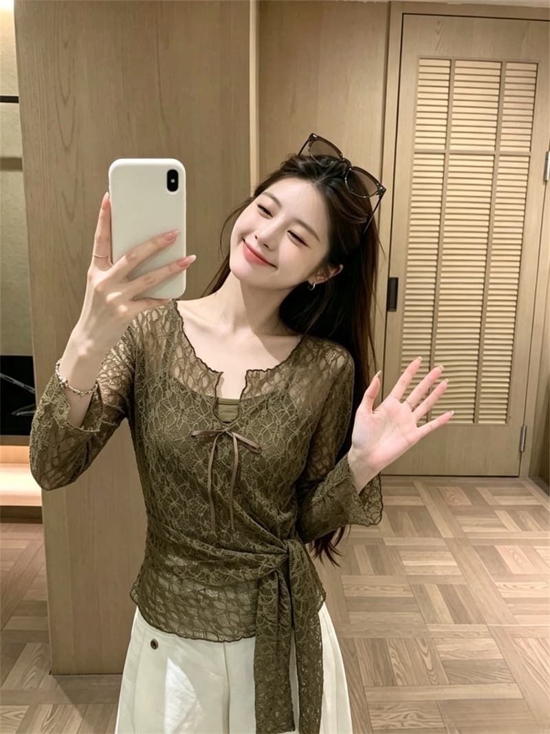 실사 이른 가을 새로운 한 부서 품격 슬림해 보이는 레이스 실 인터넷 커버 셔츠 캐미솔 투피스 슈트 여성 상세 이미지 4