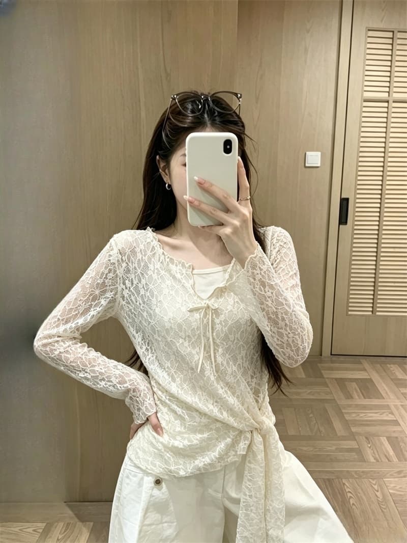 실사 이른 가을 새로운 한 부서 품격 슬림해 보이는 레이스 실 인터넷 커버 셔츠 캐미솔 투피스 슈트 여성 상세 이미지 7