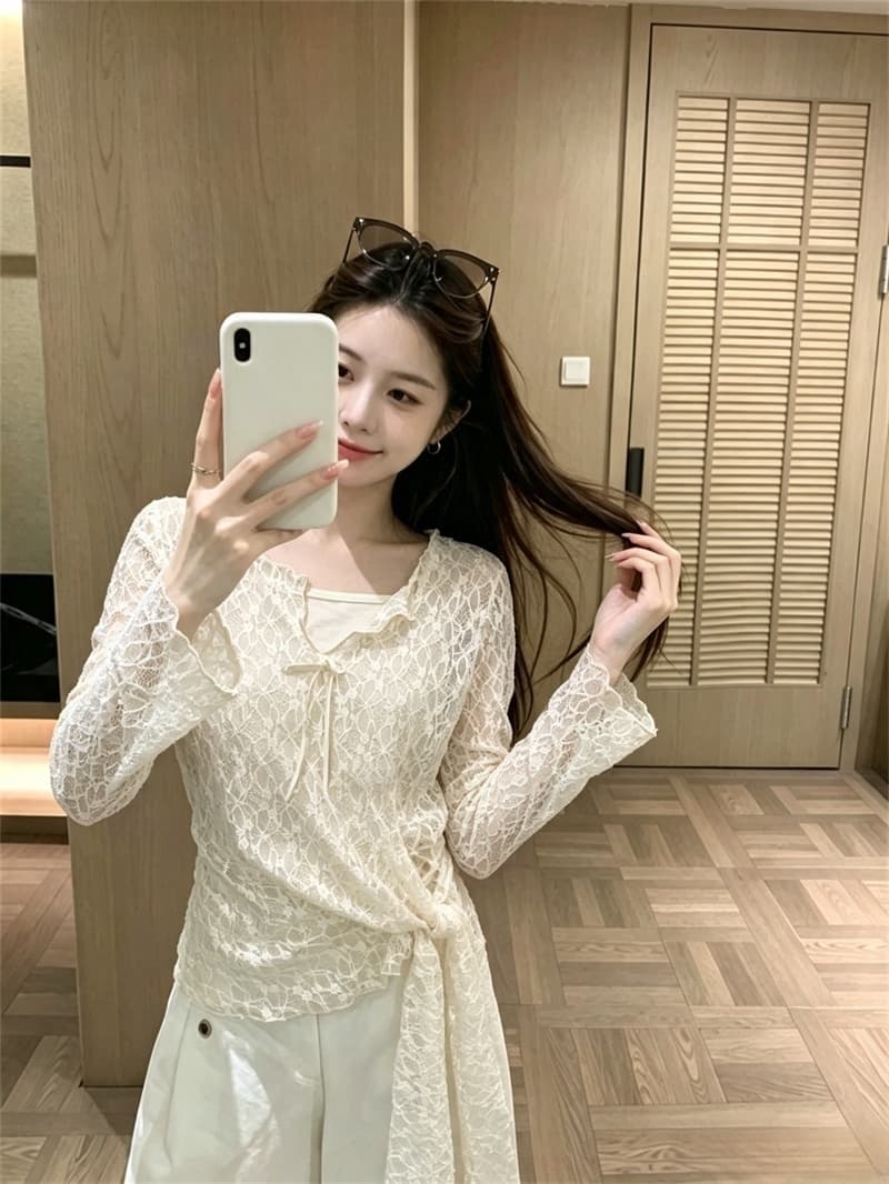 실사 이른 가을 새로운 한 부서 품격 슬림해 보이는 레이스 실 인터넷 커버 셔츠 캐미솔 투피스 슈트 여성 상세 이미지 8