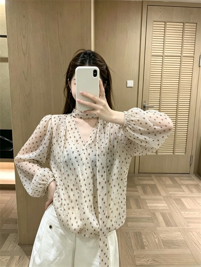 실사 이른 가을 새로운 한국 스타일 행침 목 스트랩 품격 슬림해 보이는 쉬폰 V넥 긴팔 셔츠 여성 레오파드 무늬 셔츠 상세 이미지 1
