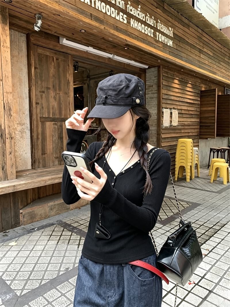실사 징 검정색 V넥 인사이드 가져 가라. 긴팔 티셔츠 여성 가을 2026 핫걸 몸매 가꾸기 수 있습니다. 외출용 만나는 맨위 상세 이미지 2