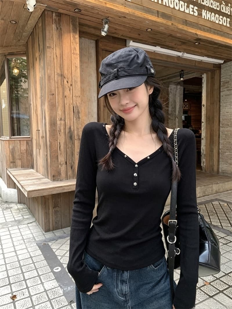 실사 징 검정색 V넥 인사이드 가져 가라. 긴팔 티셔츠 여성 가을 2026 핫걸 몸매 가꾸기 수 있습니다. 외출용 만나는 맨위 상세 이미지 5