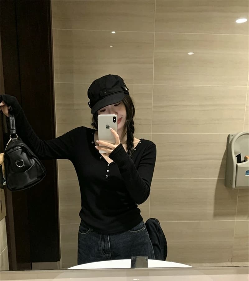 실사 징 검정색 V넥 인사이드 가져 가라. 긴팔 티셔츠 여성 가을 2026 핫걸 몸매 가꾸기 수 있습니다. 외출용 만나는 맨위 상세 이미지 9