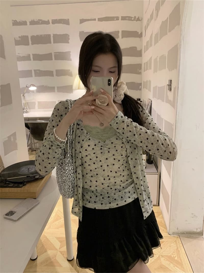 실사 분위기 센스 낭만주의 우아한 하트 레이스 조각 페이크 레이어드 작은 셔츠 맨위 여성 상세 이미지 5