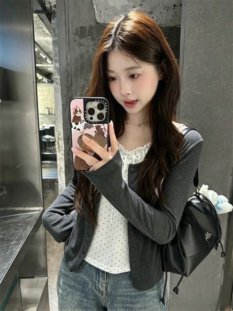실사 한 부서 레트로 색상 시스템 도트 무늬 슬립 오픈 가디건 긴팔 페이크 레이어드 세트 여성 이른 가을 새로운 상세 이미지 1