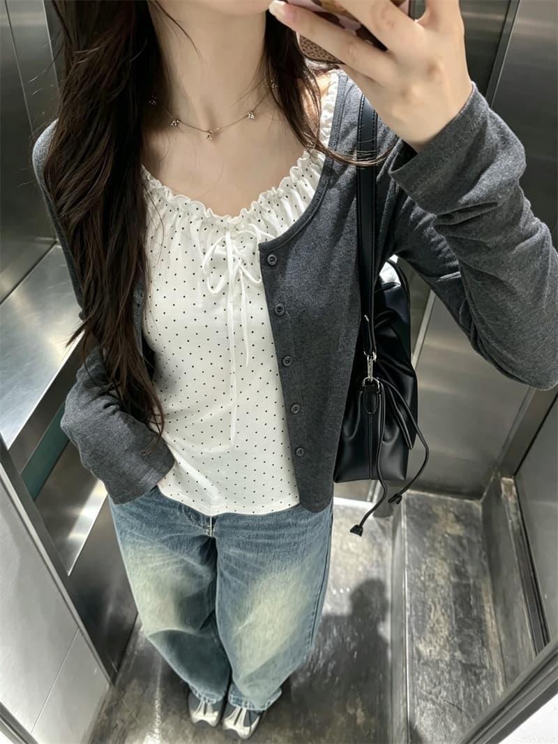 실사 한 부서 레트로 색상 시스템 도트 무늬 슬립 오픈 가디건 긴팔 페이크 레이어드 세트 여성 이른 가을 새로운 상세 이미지 3
