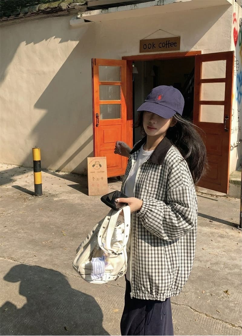 실사 가을 새로운 한국 스타일 루즈핏 다용도 슬림해 보이는 체크무늬 재킷 여성 코트 상세 이미지 3