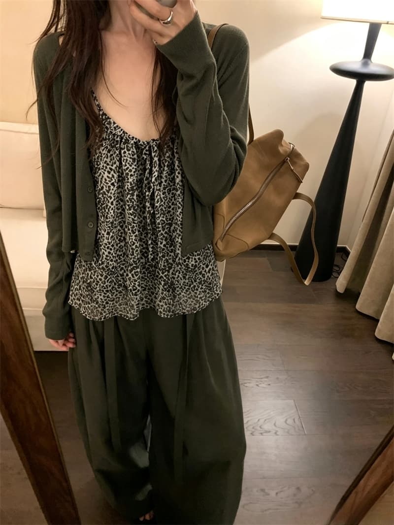 실사 한 부서 이른 가을 새로운 달콤함 쉬폰 레오파드 무늬 꽃무늬 슬립 오픈 가디건 투피스 슈트 상세 이미지 6