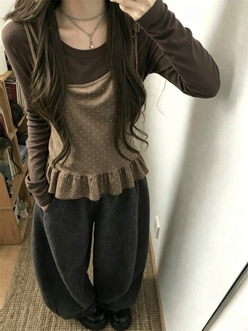 실사 가을 새로운 디자인 센스 도트 무늬 조끼 긴팔 티셔츠 인사이드 가져 가라. 투피스 슈트 여성 상세 이미지 1