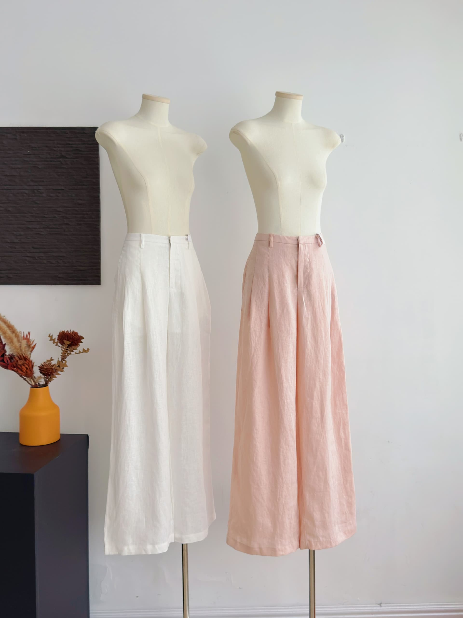 yuyureal 산소 100 전체 아마 여름 에어컨 화이트 핑크색 캐주얼 바지 도루 센스 넓은 다리 면 린넨 바지 이미지 2