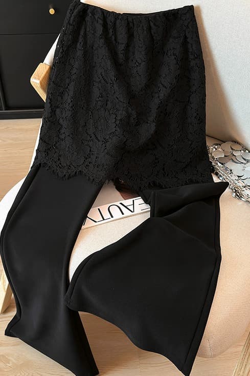 가을 겨울 새로운 페이크 레이어드 나팔 바지 레이스 방귀 커튼 부츠컷 바지 몸매 가꾸기 하이웨이스트 작은 검은 색 바지 다용도 캐주얼 바지 이미지 7