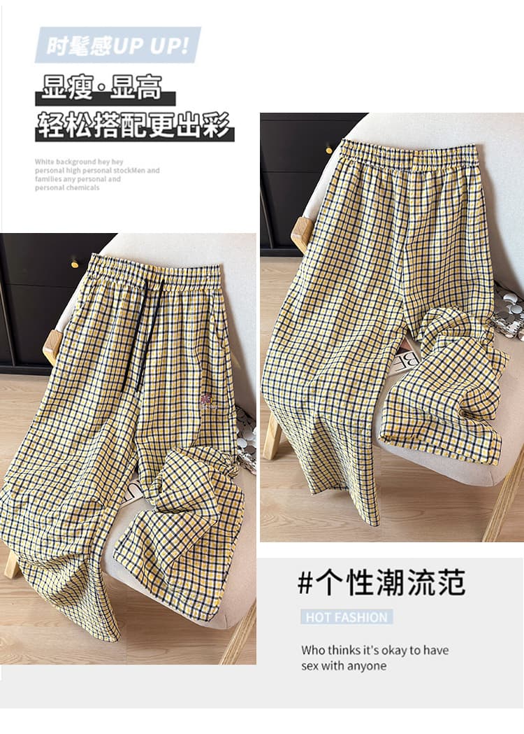 여름 프랑스식 체크무늬 와이드 레그 팬츠 외국 가스 면 린넨 캐주얼 바지 다용도 몸매 가꾸기 스트레이트 팬츠 하이웨이스트 굴곡 바지 상세 이미지 3