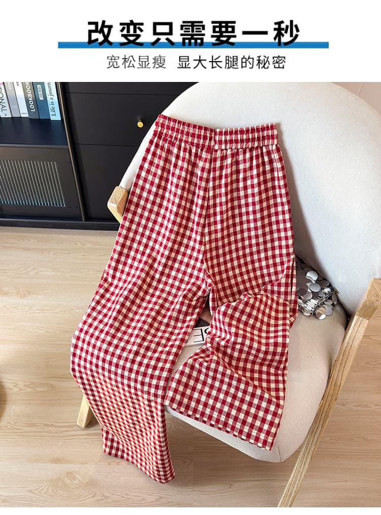 여름 면 린넨 자수 와이드 레그 팬츠 프랑스식 체크무늬 캐주얼 바지 한국 스타일 다용도 바지 레트로 하이웨이스트 스트레이트 팬츠 상세 이미지 3