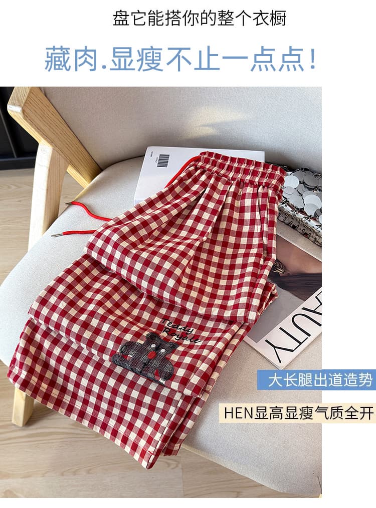 여름 면 린넨 자수 와이드 레그 팬츠 프랑스식 체크무늬 캐주얼 바지 한국 스타일 다용도 바지 레트로 하이웨이스트 스트레이트 팬츠 상세 이미지 4