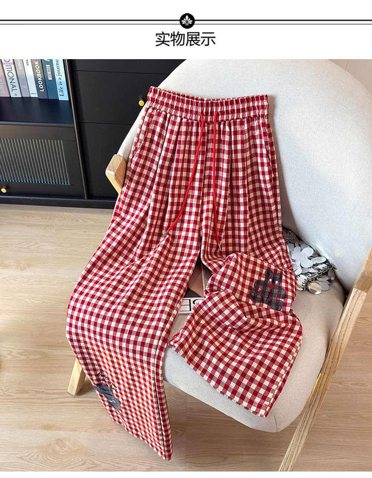 여름 면 린넨 자수 와이드 레그 팬츠 프랑스식 체크무늬 캐주얼 바지 한국 스타일 다용도 바지 레트로 하이웨이스트 스트레이트 팬츠 상세 이미지 9