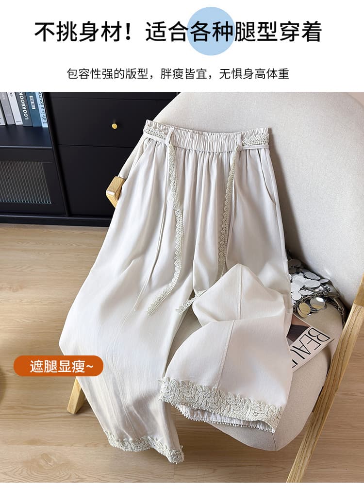 여름 면 린넨 모통이 칼 바지 고급 레트로 와이드 레그 팬츠 하이웨이스트 다용도 캐주얼 바지 구두 세팅 레이스 9부 바지 상세 이미지 5