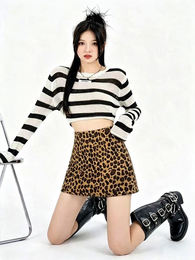 가을 겨울 새로운 유럽과 미국 레오파드 무늬 반신 미니 스커트 한국 스타일 핫걸 노출 방지 타이트 스커트 하이웨이스트 다용도 A라인 스커트 상세 이미지 3