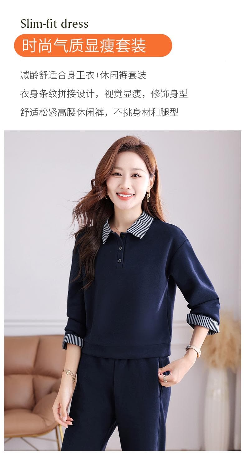후드티 세트 여성 2026 새로운 패션 폴로 칼라 후드티 세트 여성 봄 가을 편안함 통기성 투피스 세트 상세 이미지 2