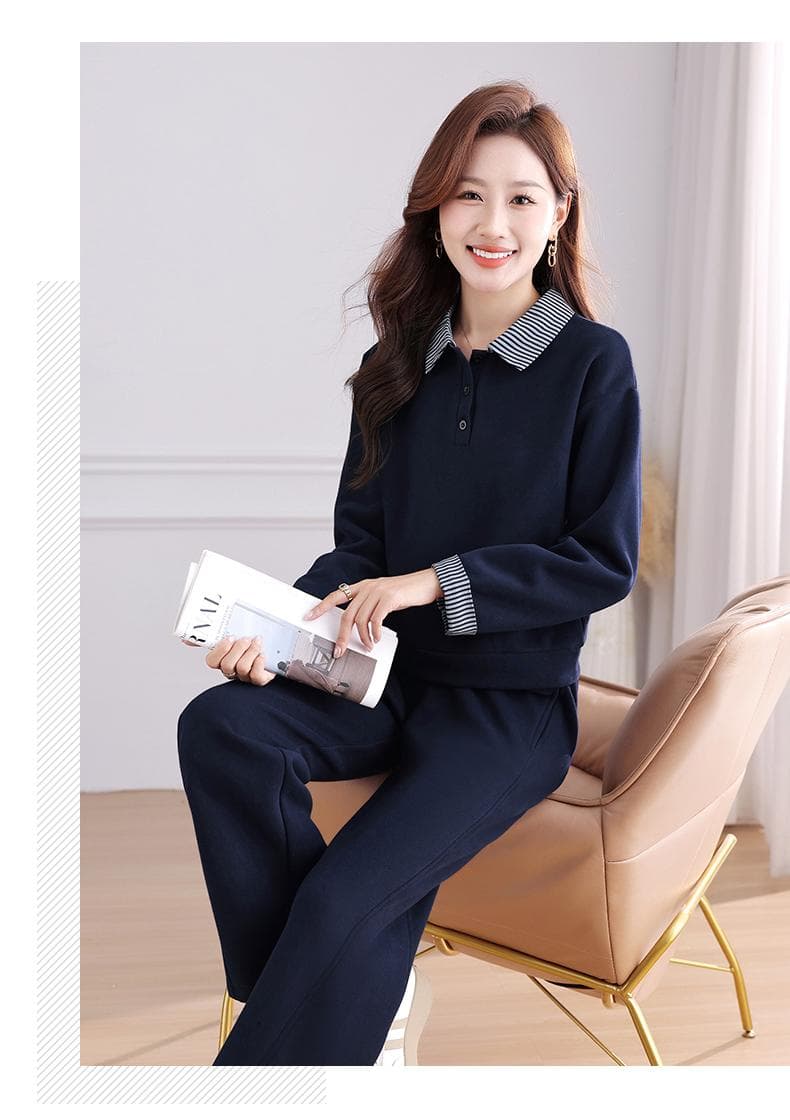 후드티 세트 여성 2026 새로운 패션 폴로 칼라 후드티 세트 여성 봄 가을 편안함 통기성 투피스 세트 상세 이미지 15