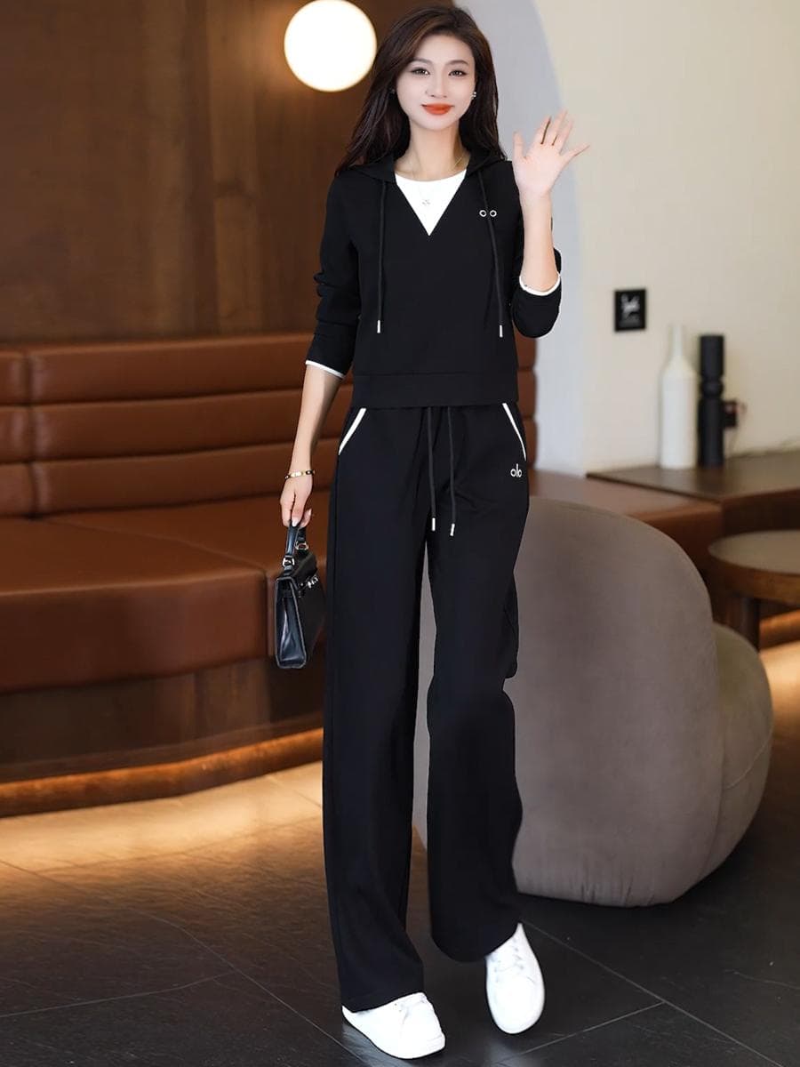 페이크 레이어드 배색 연령 감소 후드 한국 스타일 루즈핏 캐주얼 세트 와이드 레깅스 바지 2026 봄과 가을 옷 새로운 긴팔 상세 이미지 1