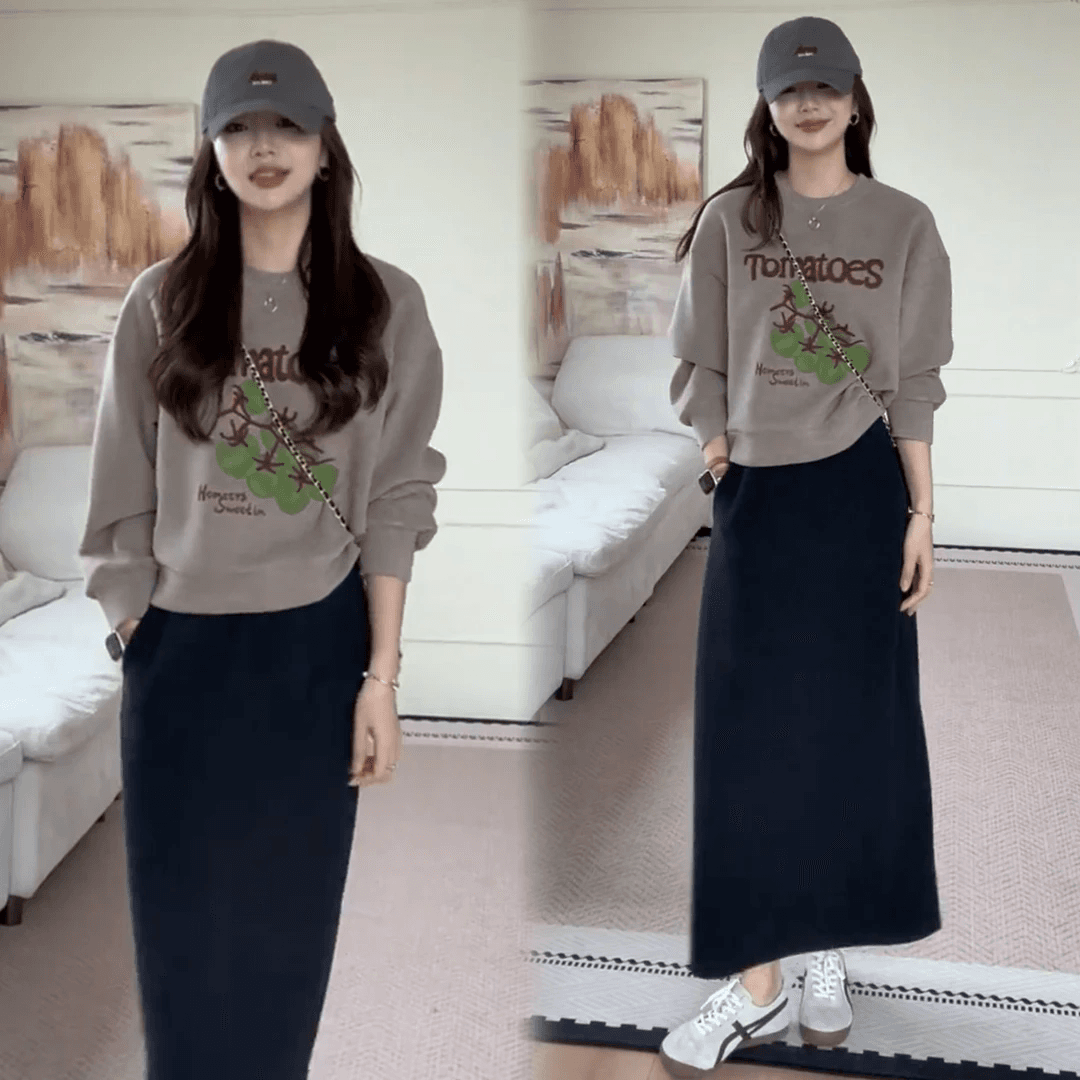 패션 세트 여성 2026 봄 가을 새로운 외국 가스 루즈핏 슬림해 보이는 다용도 반신 스커트 투피스 세트 트렌디 상세 이미지 3