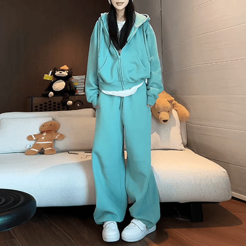 빙하 녹색 후드 지퍼 후드티 재킷 허리밴드 서있는 자르다 스트레이트 웨이 바지 패션 세트 여성 의류 이미지 2