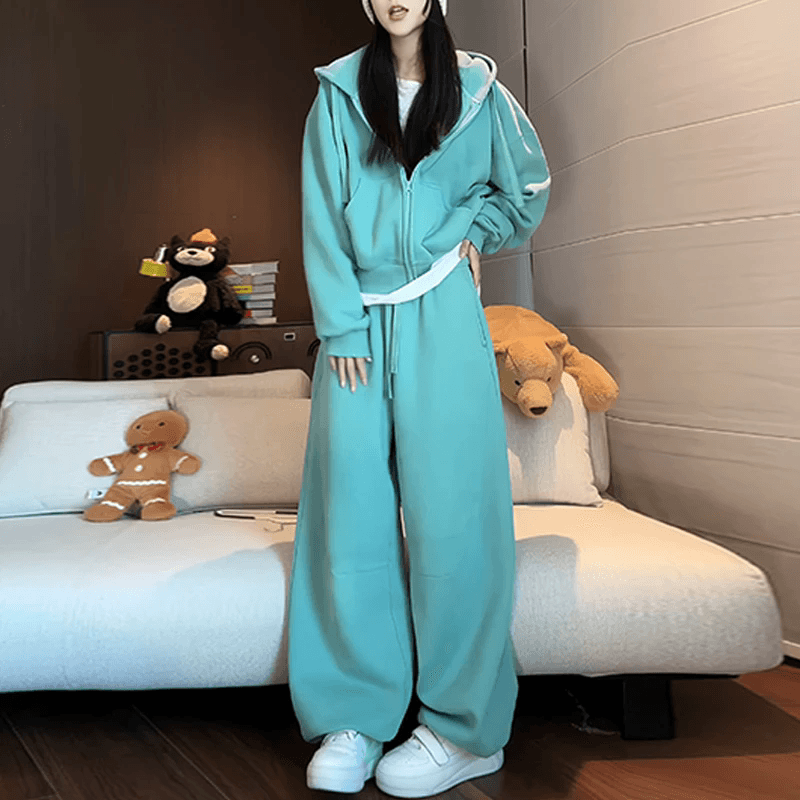 빙하 녹색 후드 지퍼 후드티 재킷 허리밴드 서있는 자르다 스트레이트 웨이 바지 패션 세트 여성 의류 이미지 4