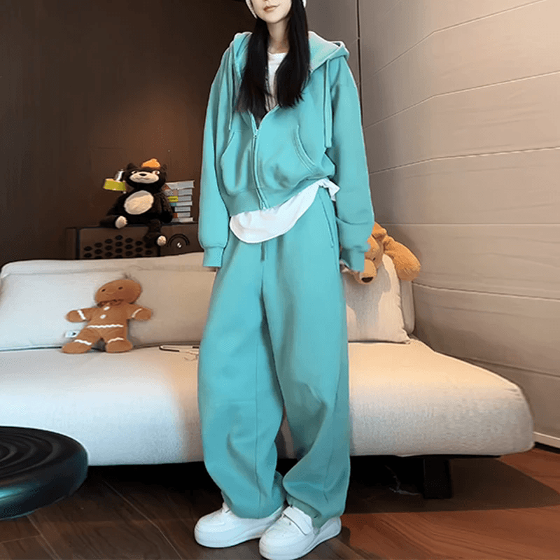 빙하 녹색 후드 지퍼 후드티 재킷 허리밴드 서있는 자르다 스트레이트 웨이 바지 패션 세트 여성 의류 이미지 6