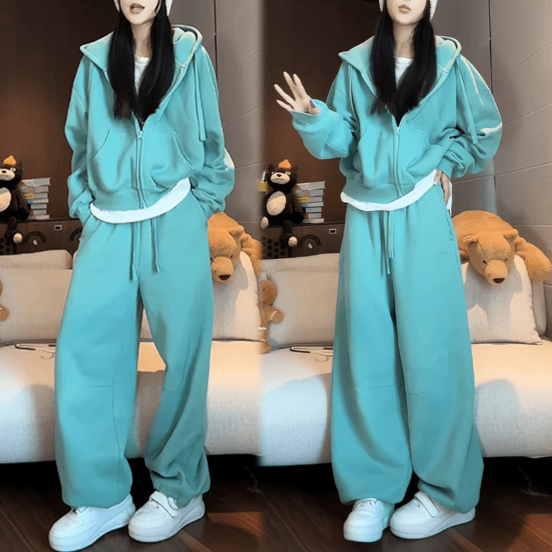 빙하 녹색 후드 지퍼 후드티 재킷 허리밴드 서있는 자르다 스트레이트 웨이 바지 패션 세트 여성 의류 이미지 3