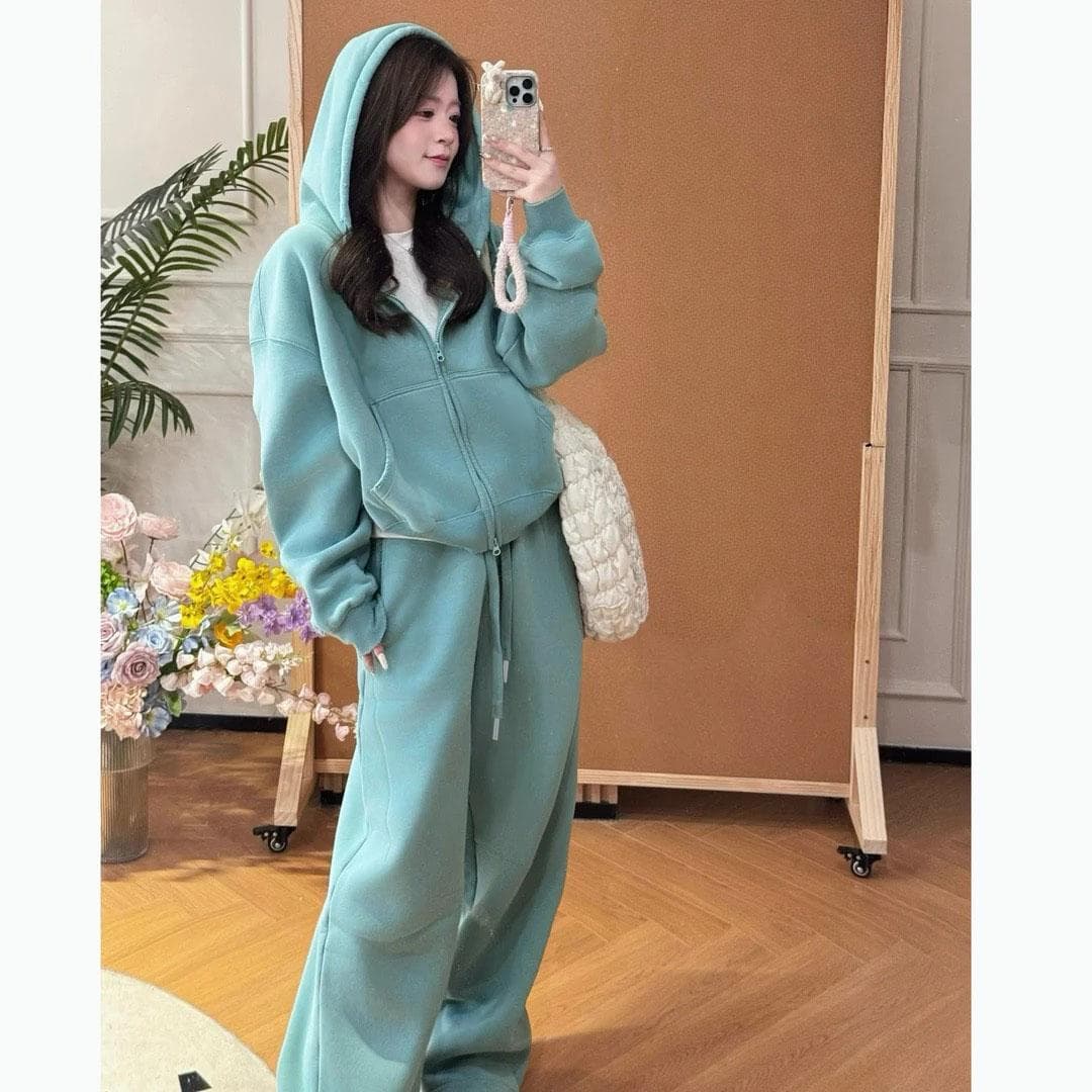 빙하 녹색 후드 지퍼 후드티 재킷 허리밴드 서있는 자르다 스트레이트 웨이 바지 패션 세트 여성 의류 상세 이미지 2