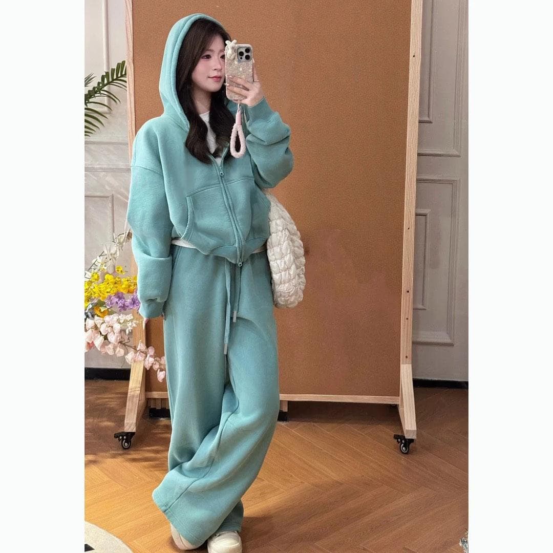 빙하 녹색 후드 지퍼 후드티 재킷 허리밴드 서있는 자르다 스트레이트 웨이 바지 패션 세트 여성 의류 상세 이미지 7