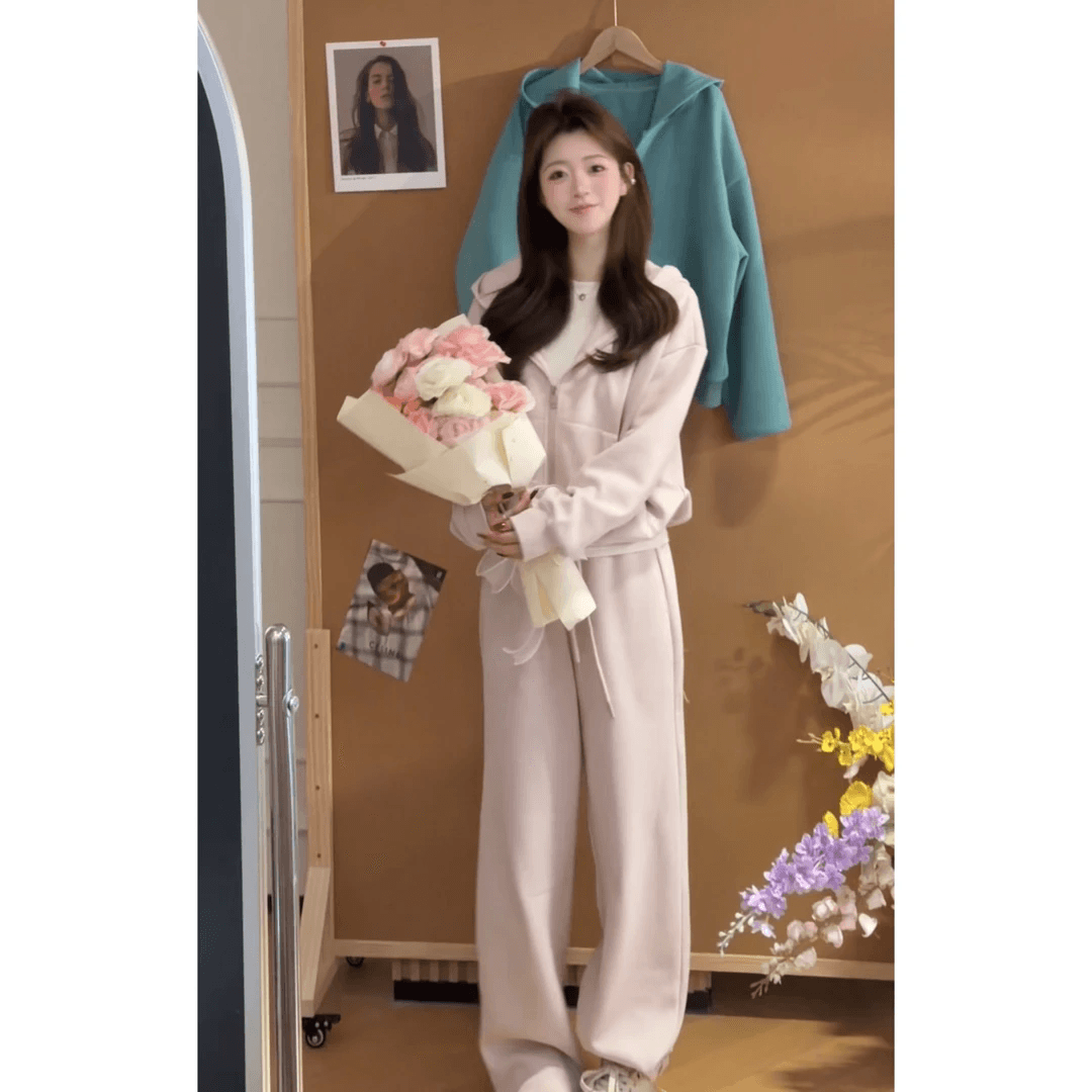 빙하 녹색 후드 지퍼 후드티 재킷 허리밴드 서있는 자르다 스트레이트 웨이 바지 패션 세트 여성 의류 이미지 5
