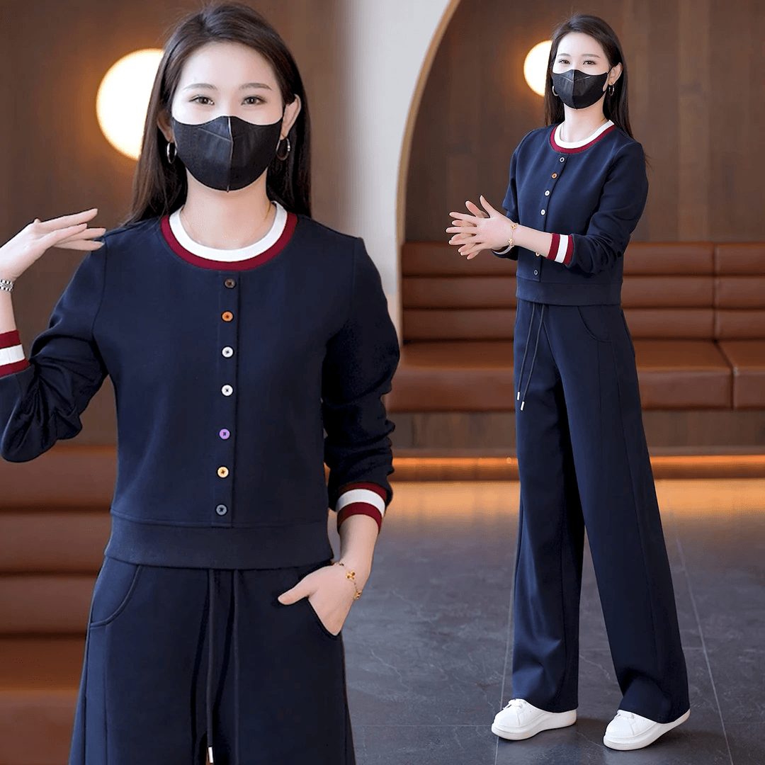 2026 봄 가을 여성 라운드 넥 루즈핏 외국 가스 스포츠 슈트 캐주얼 패션 연령 감소 투피스 세트 색상 버클 이미지 2