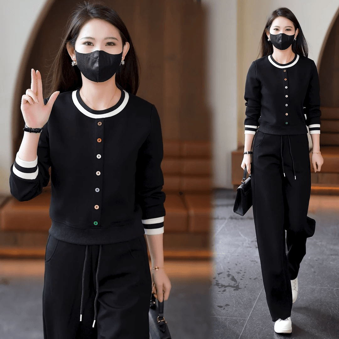 2026 봄 가을 여성 라운드 넥 루즈핏 외국 가스 스포츠 슈트 캐주얼 패션 연령 감소 투피스 세트 색상 버클 이미지 4
