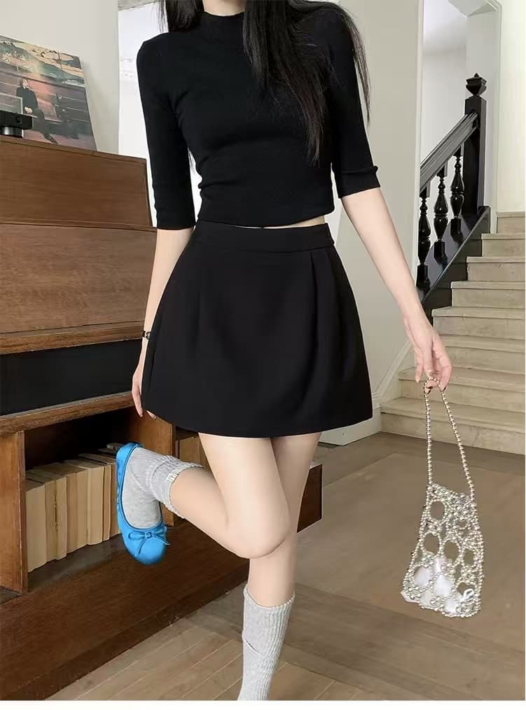 빅 사이즈 2026 봄 여름 하이웨이스트 검정색 주름 다용도 꽃밭 미니 스커트 여성 지방 mm 표지 넓적 다리 슬림해 보이는 한 마디 반신 스커트 이미지 2