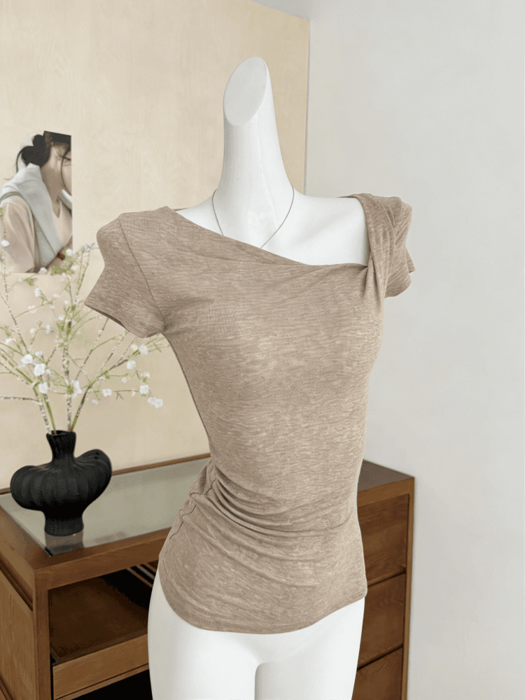 kubiliv 빛 연 주간 접시 디자인 센스 매듭 비스듬한 어깨 핀치 Pleat 허리 수축 슬림해 보이는 티셔츠 주간 실크 양모 맨위 상세 이미지 3