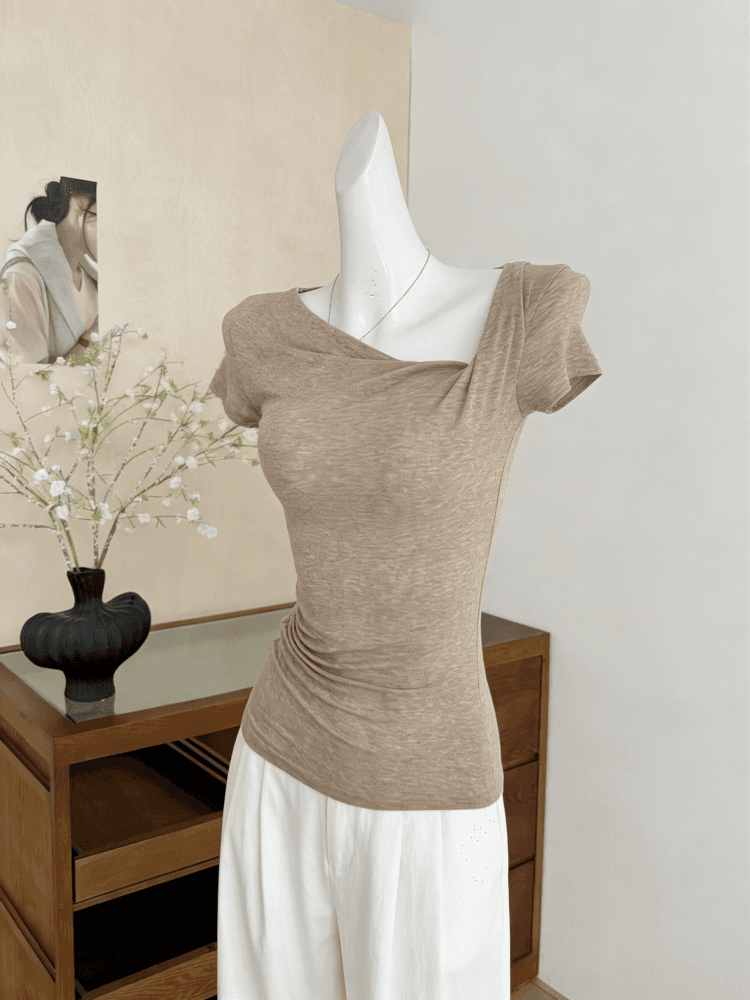 kubiliv 빛 연 주간 접시 디자인 센스 매듭 비스듬한 어깨 핀치 Pleat 허리 수축 슬림해 보이는 티셔츠 주간 실크 양모 맨위 상세 이미지 4