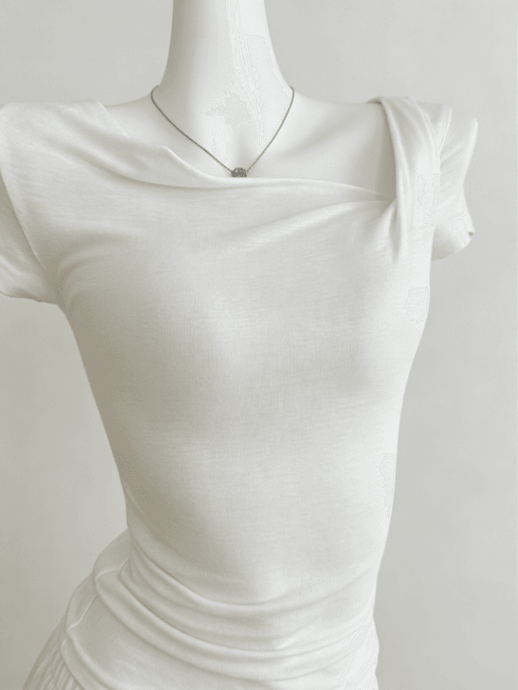kubiliv 빛 연 주간 접시 디자인 센스 매듭 비스듬한 어깨 핀치 Pleat 허리 수축 슬림해 보이는 티셔츠 주간 실크 양모 맨위 상세 이미지 8
